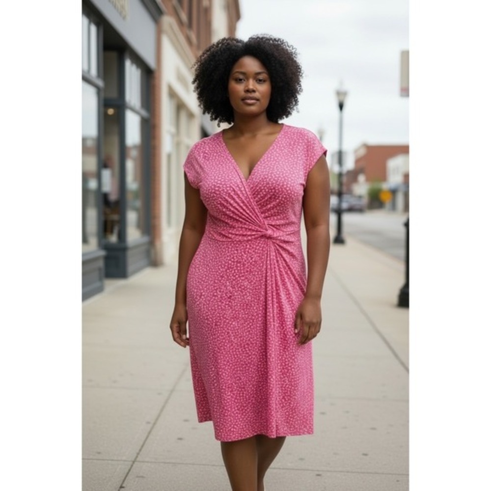 Lands End Womens Floral Faux Wrap Dress 1X Pink Floral Twist Front V-Neck‎